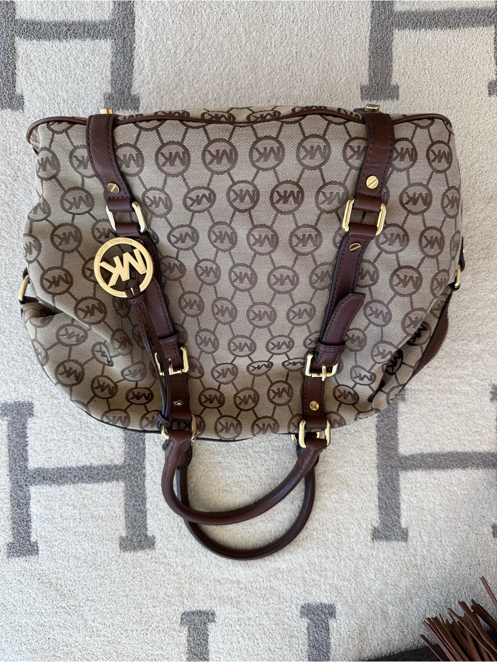 Michael Kors Beige and Brown MK Logo Satchel with Gold Hardware